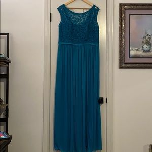 Teal David’s Bridal evening gown lace and chiffon